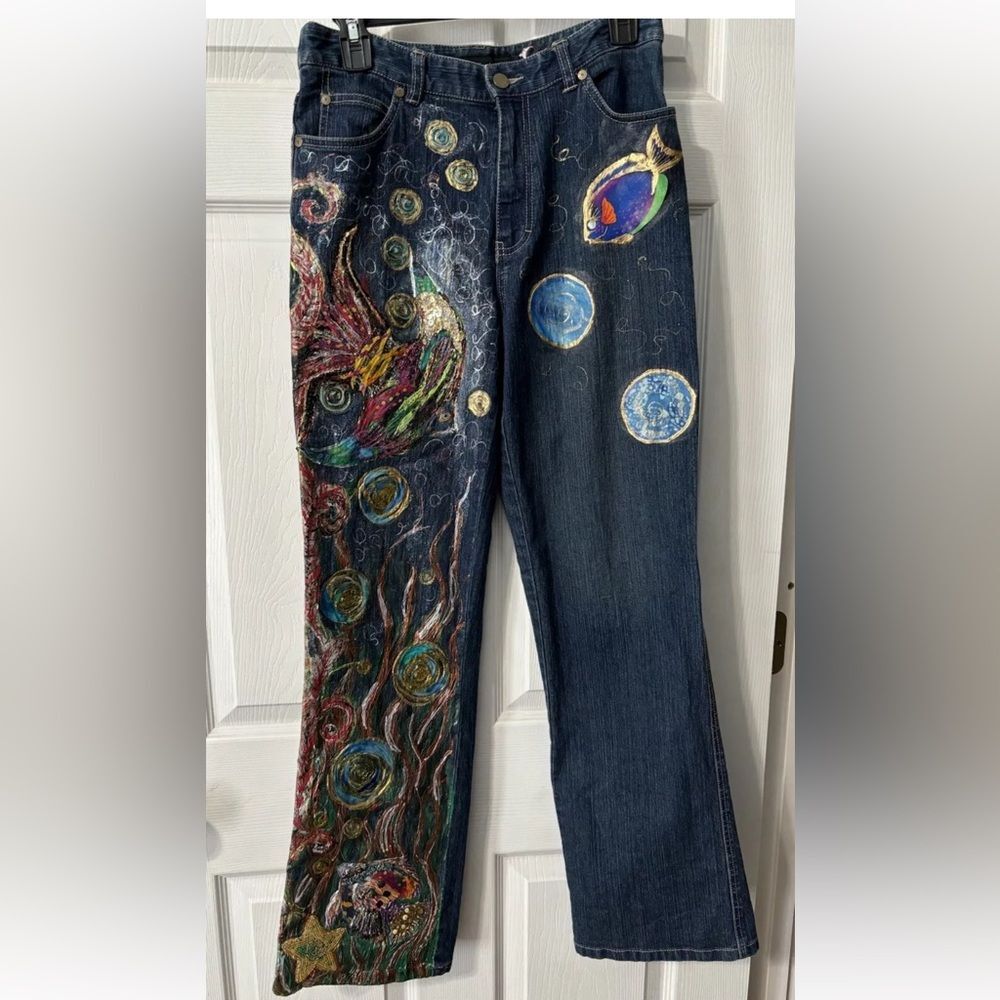 90’s Y2K Calvin Klein Flare Jeans Size 6, Handpainted Fish Ocean- Wearable Art!!